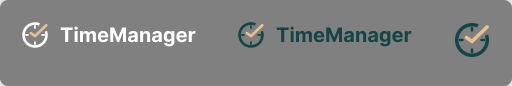 Les trois versions du logo TimeManager : sur fond sombre, sur fond clair, et le symbole seul